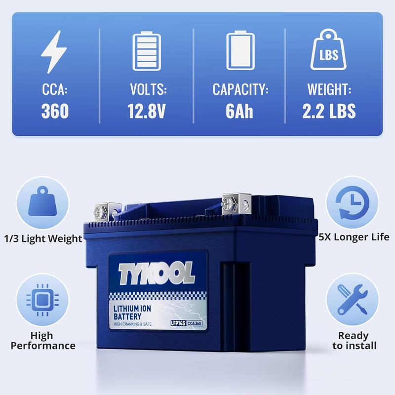 TYKOOL YTZ14S/YTZ12S High Performance Lithium LiFePO4 Motorcycle Battery,12V 6Ah,360CCA, Digital Readout, Built in BMS, Compatible for Large-displacement BMW,Hongda,KTM,Suzuki Motorcycles - Image 5